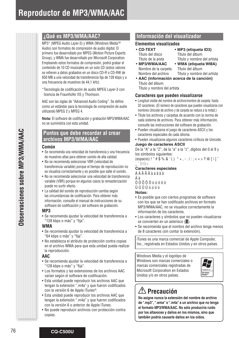 Reproductor de mp3/wma/aac, Obser vaciones sobre mp3/wma/aac precaución, Qué es mp3/wma/aac | Información del visualizador | Panasonic CQ-C500U User Manual | Page 76 / 88