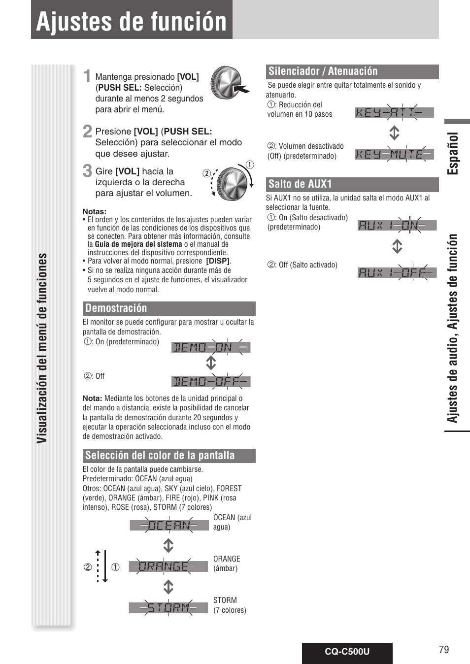 Ajustes de función, Español, Ajustes de audio, ajustes de función | Visualización del menú de funciones | Panasonic CQ-C500U User Manual | Page 79 / 88
