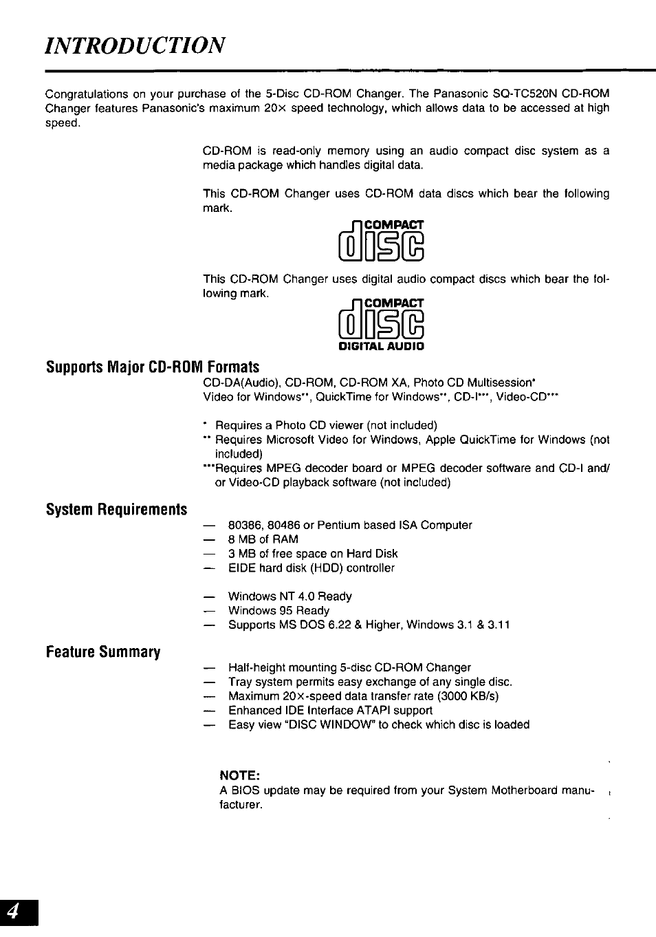 Note, Introduction, Supports major cd-rom formats | System requirements, Feature summary | Panasonic SQ-TC520N User Manual | Page 4 / 32