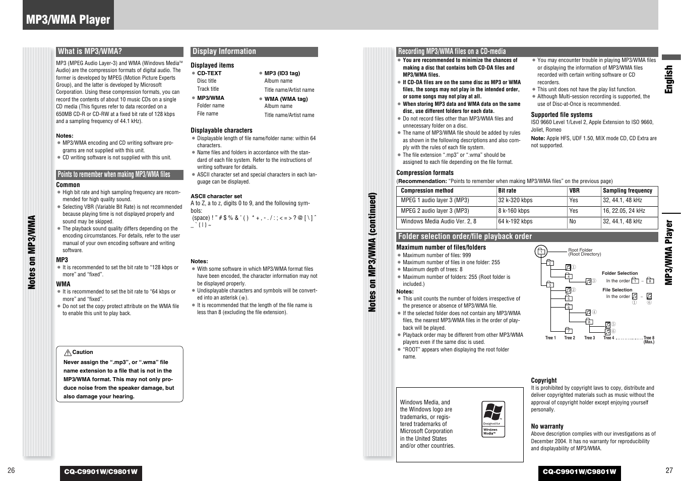Mp3/wma player, English, What is mp3/wma | Points to remember when making mp3/wma files, Display information, Recording mp3/wma files on a cd-media, Folder selection order/file playback order | Panasonic C9801W User Manual | Page 13 / 22