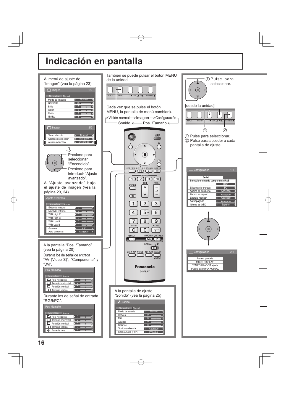 Indicación en pantalla, Desde la unidad, Pulse para seleccionar | Pulse para acceder a cada pantalla de ajuste | Panasonic TH-37PH9UK User Manual | Page 66 / 100