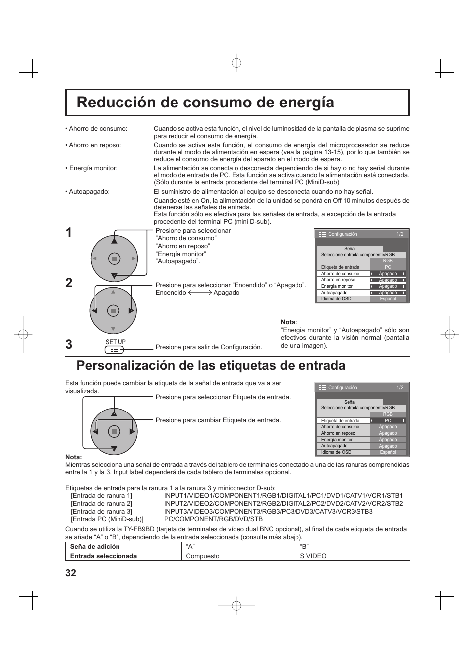 Reducción de consumo de energía, Personalización de las etiquetas de entrada | Panasonic TH-37PH9UK User Manual | Page 82 / 100