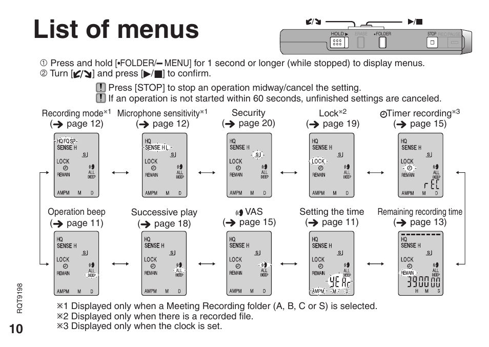 List of menus | Panasonic RRQR270 User Manual | Page 10 / 36