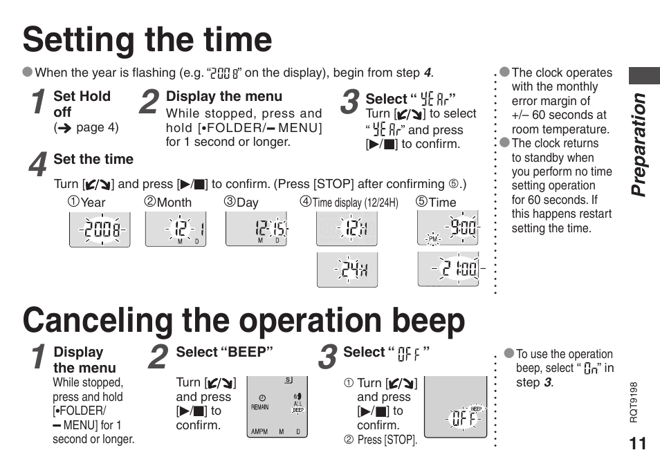 Setting the time, Canceling the operation beep, Preparation | Panasonic RRQR270 User Manual | Page 11 / 36