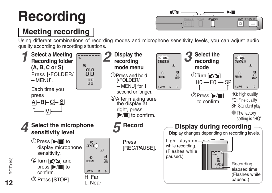 Basic use, Recording, Meeting recording | Panasonic RRQR270 User Manual | Page 12 / 36