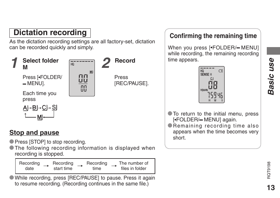 Dictation recording, Basic use | Panasonic RRQR270 User Manual | Page 13 / 36