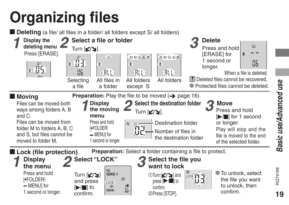 Advanced use, Organizing files, Basic use/ad vanced use | Panasonic RRQR270 User Manual | Page 19 / 36