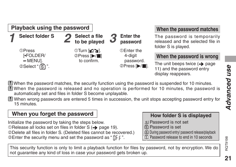 Ad vanced use | Panasonic RRQR270 User Manual | Page 21 / 36