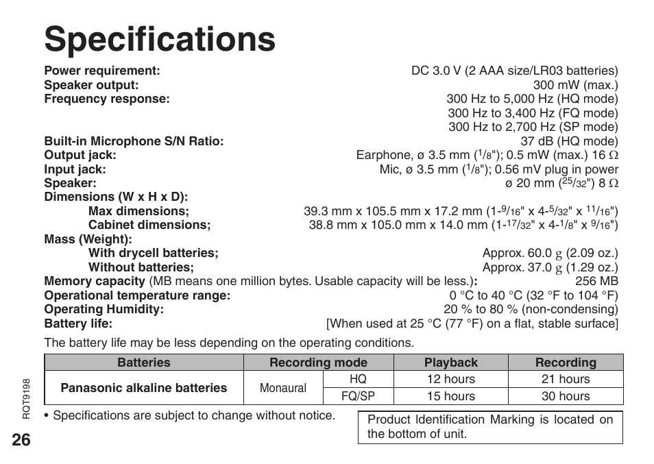 Specifications | Panasonic RRQR270 User Manual | Page 26 / 36