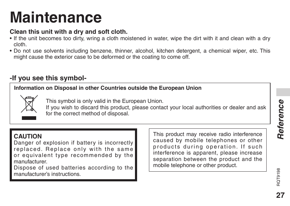 Maintenance, Ref erence | Panasonic RRQR270 User Manual | Page 27 / 36