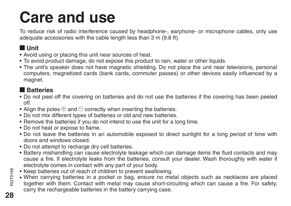 Care and use | Panasonic RRQR270 User Manual | Page 28 / 36