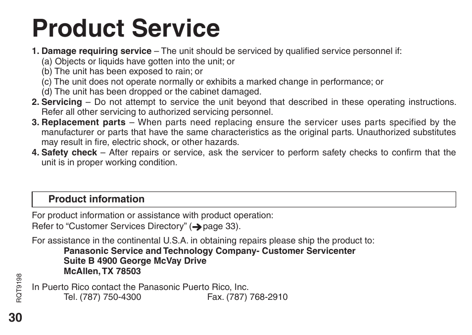 Product service | Panasonic RRQR270 User Manual | Page 30 / 36