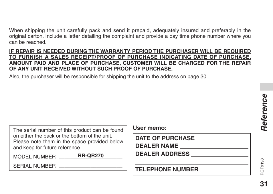 Ref erence | Panasonic RRQR270 User Manual | Page 31 / 36
