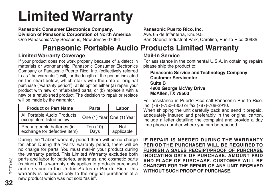 Limited warranty, Panasonic portable audio products limited warranty | Panasonic RRQR270 User Manual | Page 32 / 36