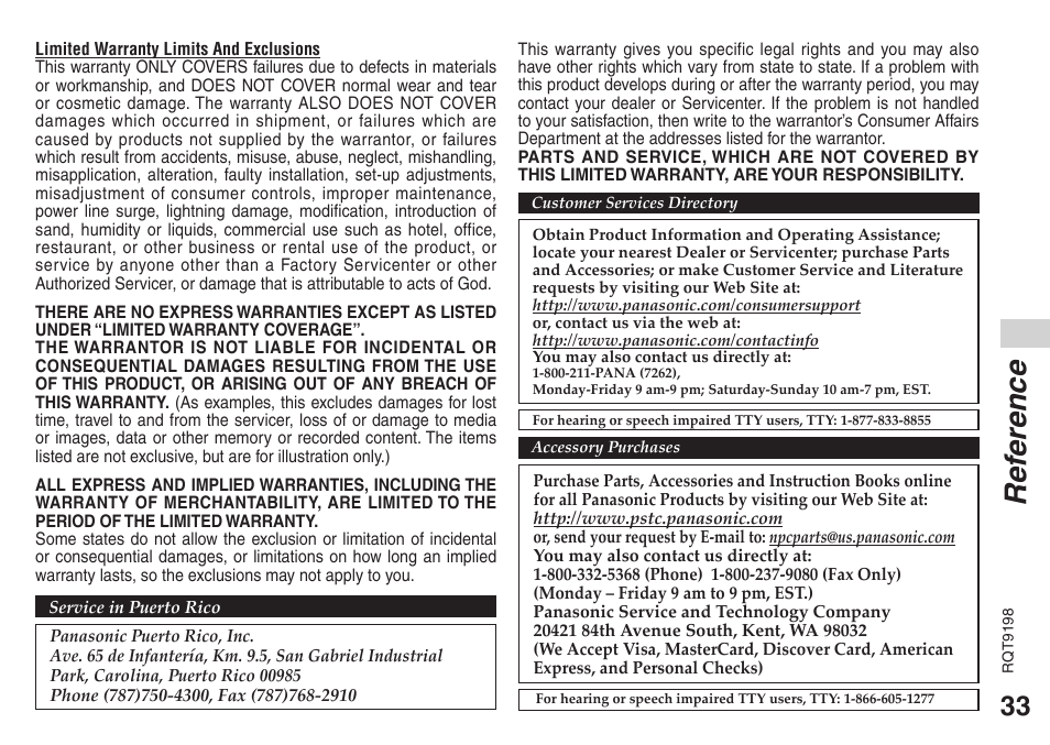 Ref erence | Panasonic RRQR270 User Manual | Page 33 / 36