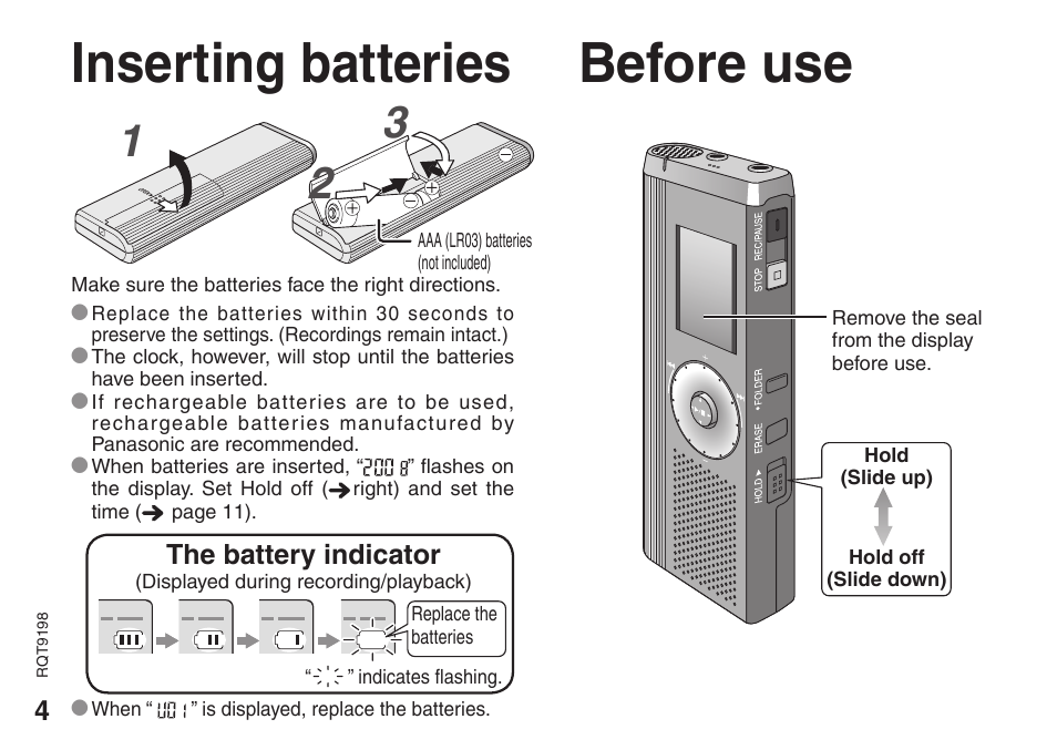 Inserting batteries, Before use, Inserting batteries before use | Panasonic RRQR270 User Manual | Page 4 / 36