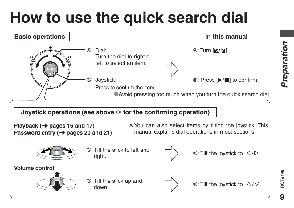 How to use the quick search dial, Preparation | Panasonic RRQR270 User Manual | Page 9 / 36