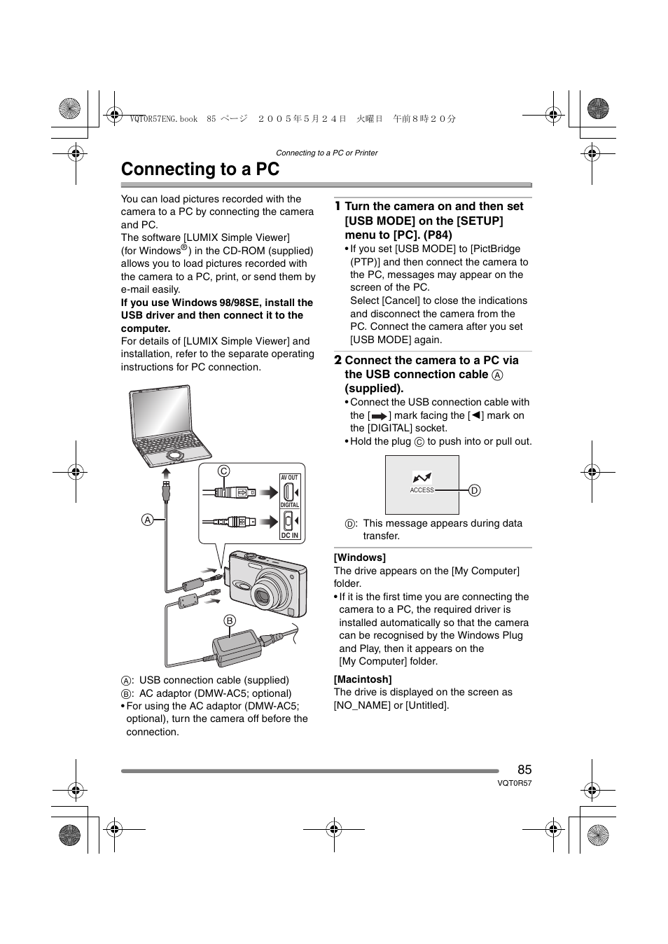 Connecting to a pc | Panasonic DMC-FX8GN User Manual | Page 85 / 104