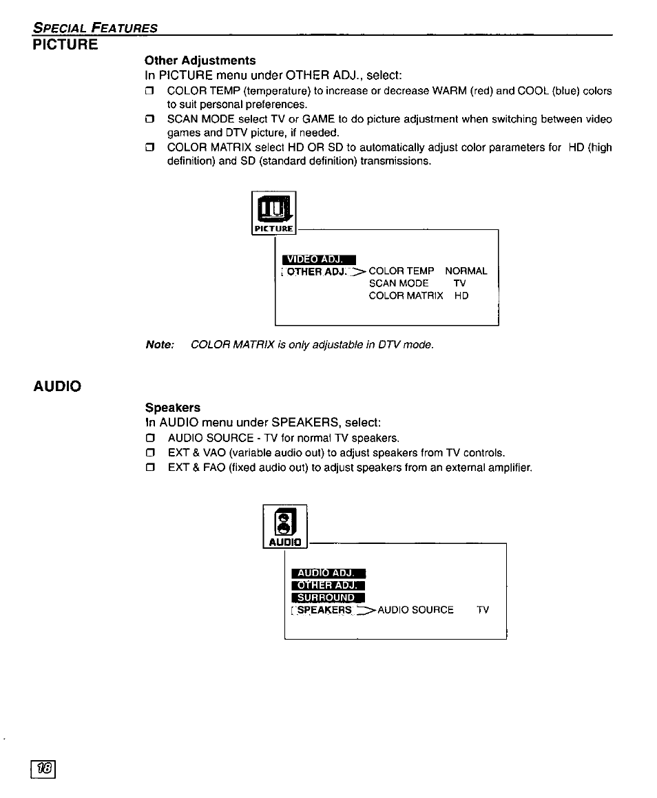 Picture, Audio, Other adjustments | Speakers, Picture adjustments, Picture audio | Panasonic PT 56WXF95 User Manual | Page 20 / 26