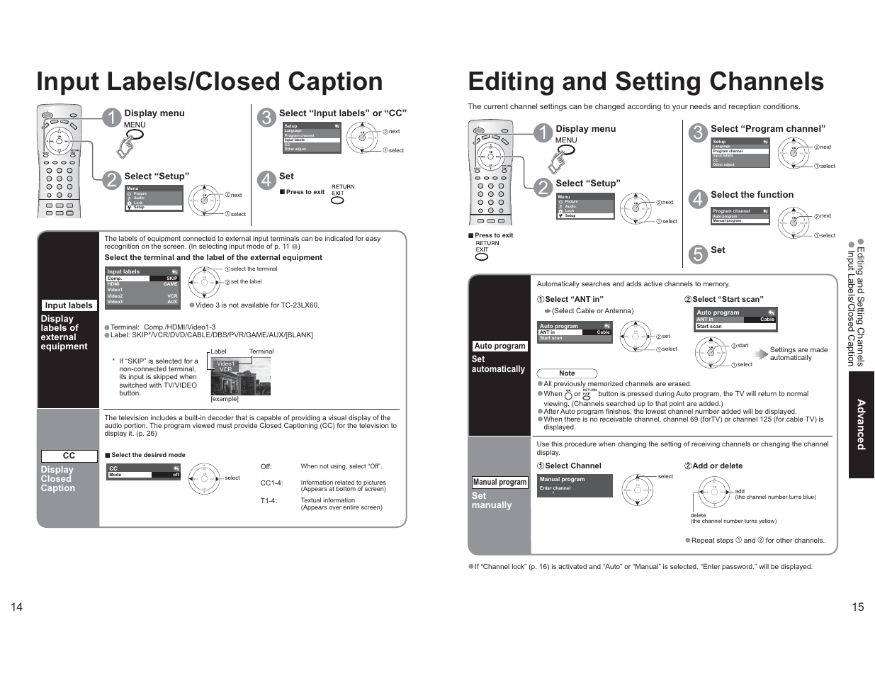 Input labels/closed caption, Editing and setting channels | Panasonic TC-26LX60L User Manual | Page 8 / 32