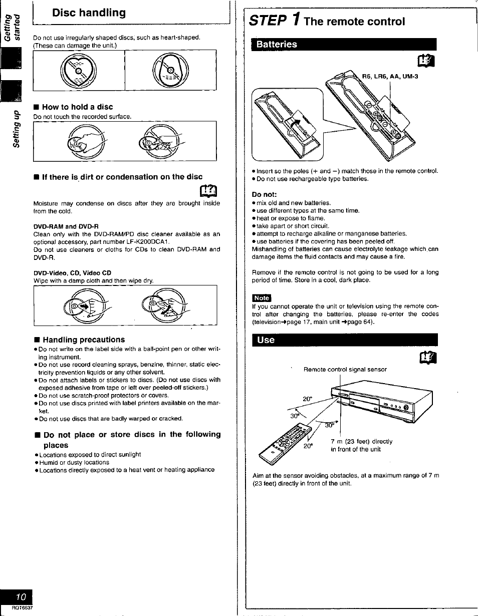 If there is dirt or condensation on the disc, Handling precautions, Step 1 the remote control | Batteries, Step | Panasonic DMR-T3040 User Manual | Page 10 / 72