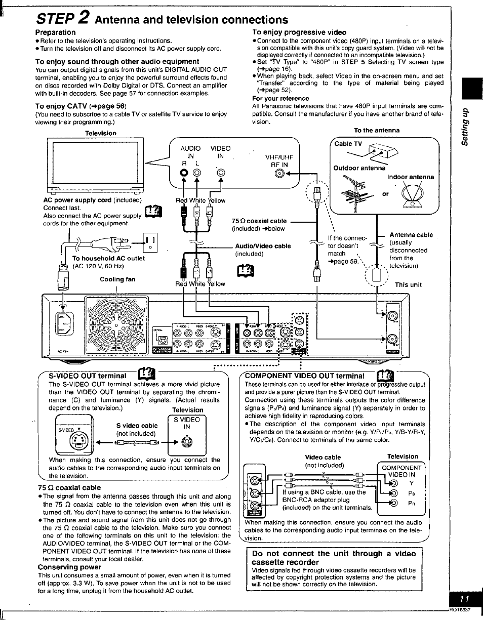 Preparation, To enjoy sound through other audio equipment, To enjoy progressive video | Component video out terminal, 75 q coaxial cable, Conserving power, Step, Antenna and television connections | Panasonic DMR-T3040 User Manual | Page 11 / 72