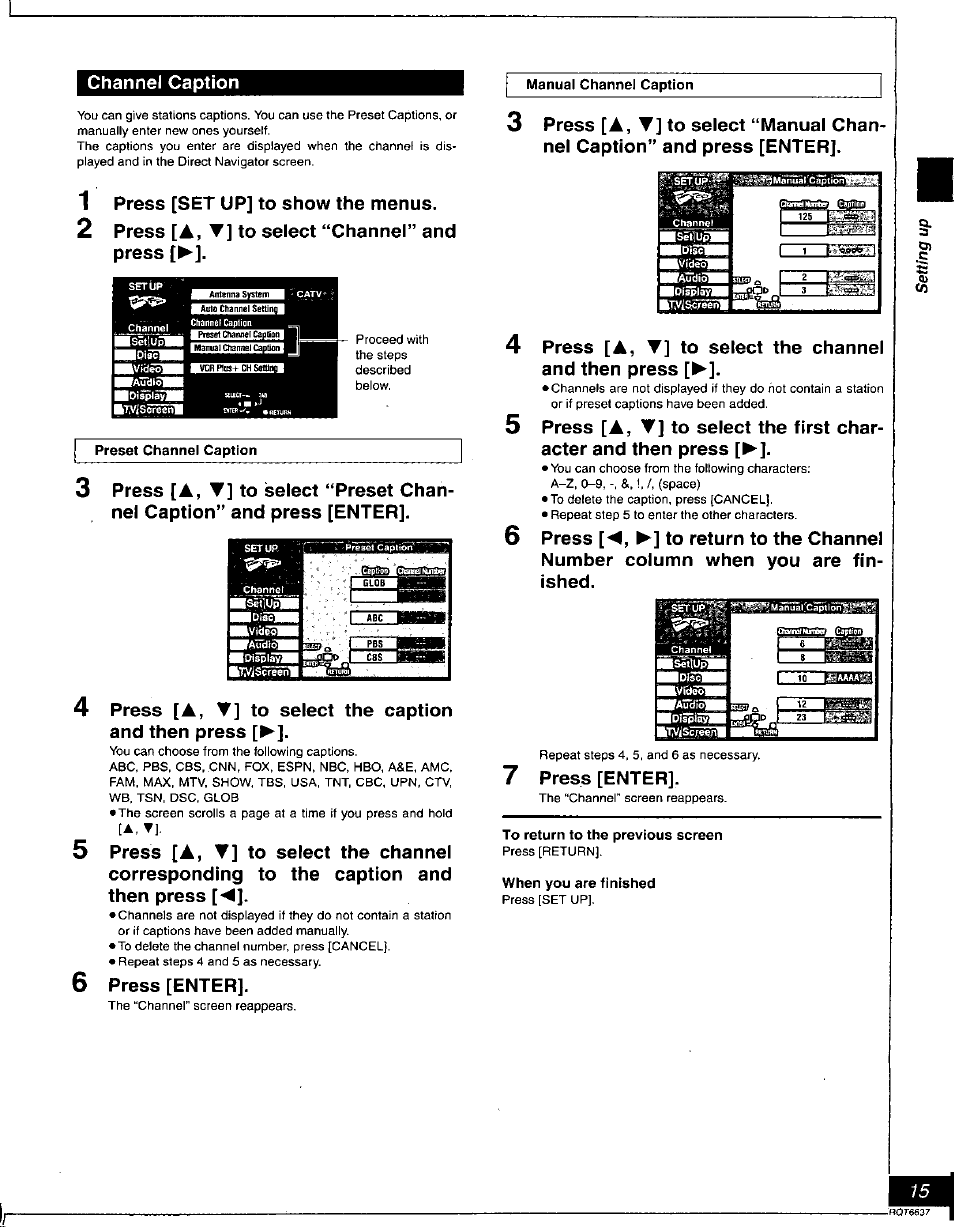 Preset channel caption, Manual channel caption, To return to the previous screen | When you are finished, Channel caption | Panasonic DMR-T3040 User Manual | Page 15 / 72