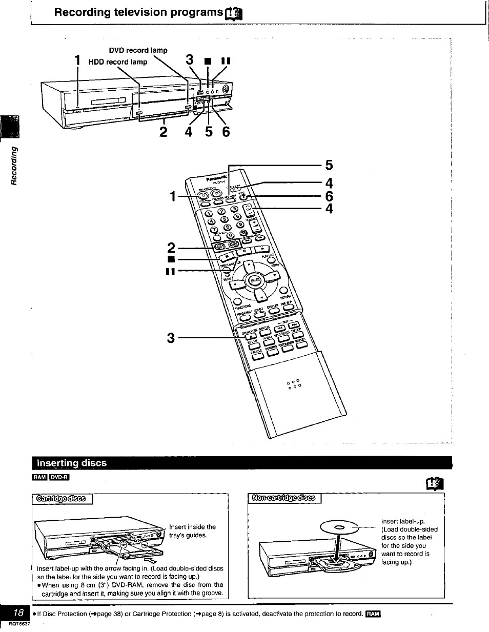 Recording television programs{t, Inserting discs, Recording television programs | Panasonic DMR-T3040 User Manual | Page 18 / 72