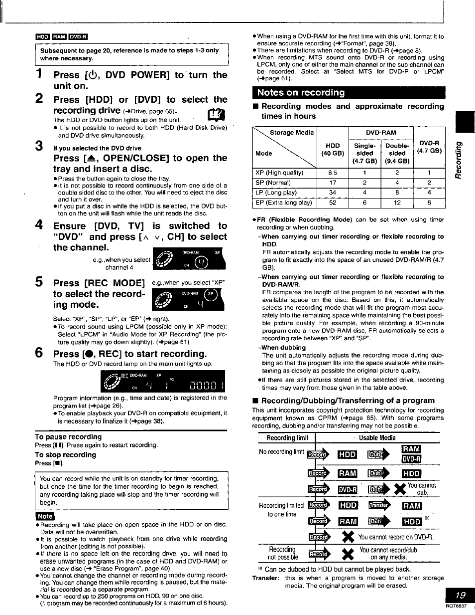 Cqil ii£jij l^iq, To pause recording, To stop recording | Гтта, Recording/dubbing/transferring of a program, Recording limit, Ensure [dvd, tv] is switched to “dvd” and press, Ch] to select the channel, Press [rec mode] to select the record­ ing mode, Press [#, rec] to start recording | Panasonic DMR-T3040 User Manual | Page 19 / 72