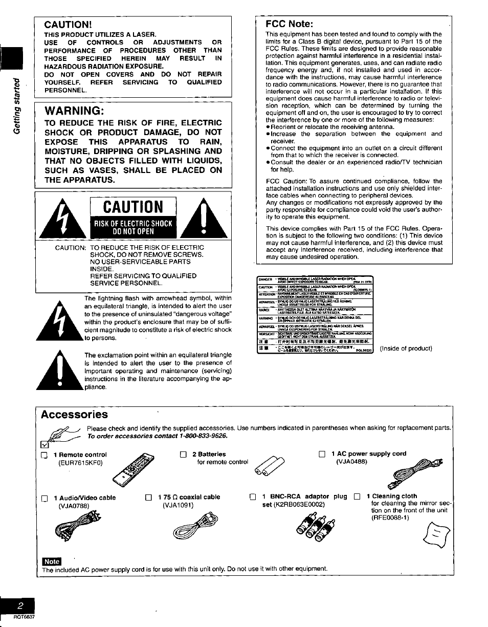 Caution, Warning, Fcc note | Accessories | Panasonic DMR-T3040 User Manual | Page 2 / 72