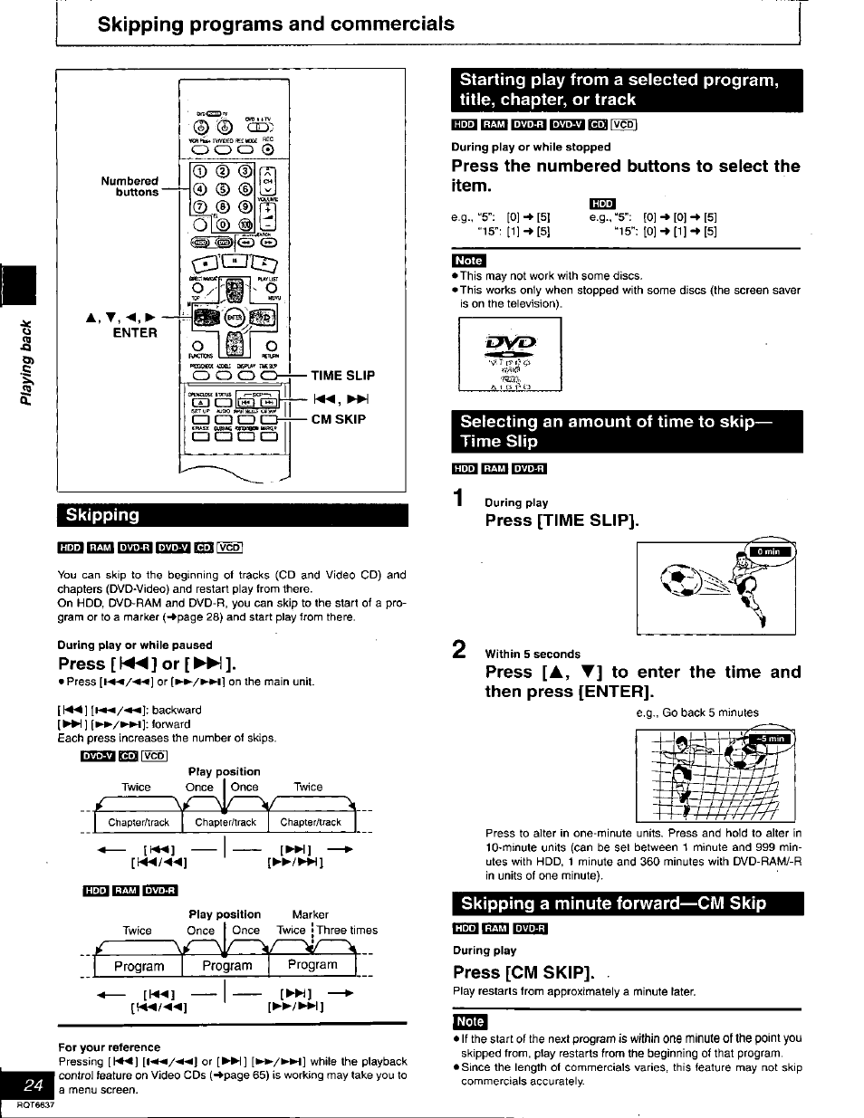 Skipping programs and commercials, Skipping, Press [ \« ] or | 1233 епд олдз, Press the numbered buttons to select the item, Selecting an amount of time to skip— time slip, Press [time slip, Skipping a minute forward—cm skip, Q33 eq2i, Press [cm skip | Panasonic DMR-T3040 User Manual | Page 24 / 72