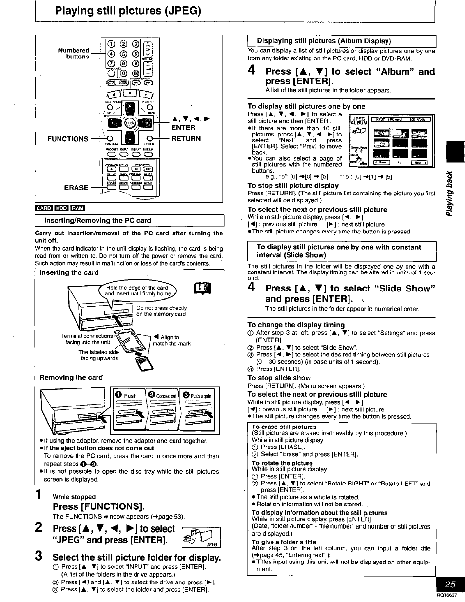 Displaying still pictures (album display), Press [functions, Press [aj t, ◄, ►] to select | Jpeg” and press [enter, Select the still picture foider for display, 4 press [a, t] to select “album” and press [enter, To display still pictures one by one, To stop still picture display, To select the next or previous still picture, To change the display timing | Panasonic DMR-T3040 User Manual | Page 25 / 72