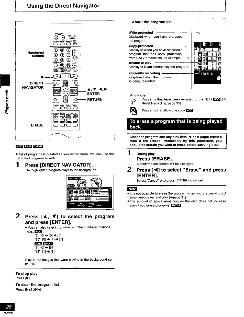 Using the direct navigator, About the program list, Press [direct navigator | To stop play, To clear the program list, To erase a program that is being played back, 1 during play press [erase, 2 press [m] to select “erase” and press [enter | Panasonic DMR-T3040 User Manual | Page 26 / 72