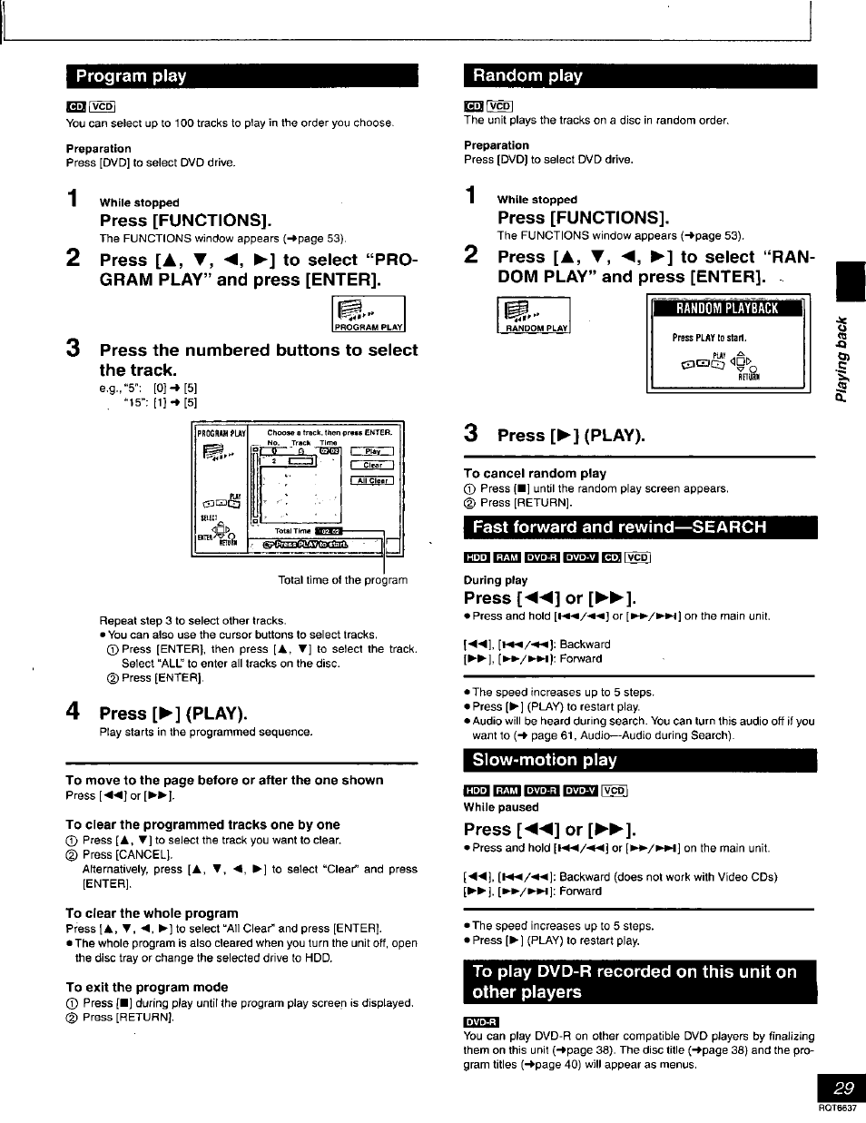 Program play, Gg^fvcdi, Press [functions | Press the numbered buttons to select the track, 4 press [►] (play), To clear the programmed tracks one by one, To clear the whole program, To exit the program mode, Random playback, 3 press [►] (play) | Panasonic DMR-T3040 User Manual | Page 29 / 72