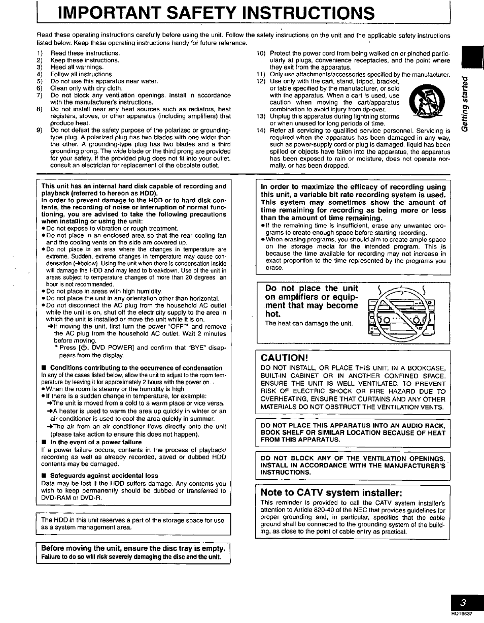 Caution, Note to catv system installer, Important safety instructions | Panasonic DMR-T3040 User Manual | Page 3 / 72