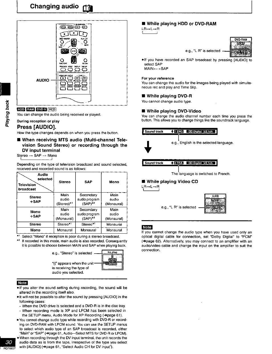 Changing audio 3, Press [audio, While playing hdd or dvd-ram | While playing dvd-r, While playing dvd-video, While playing video cd, Changing audio | Panasonic DMR-T3040 User Manual | Page 30 / 72