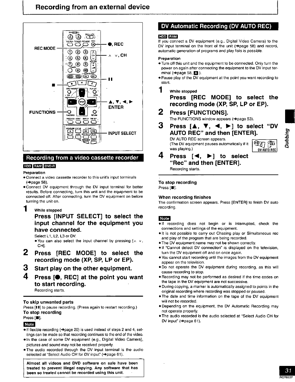 Recording from an external device, Functions, To skip unwanted parts | To stop recording, When recording finishes, Wv o, A, t | Panasonic DMR-T3040 User Manual | Page 31 / 72