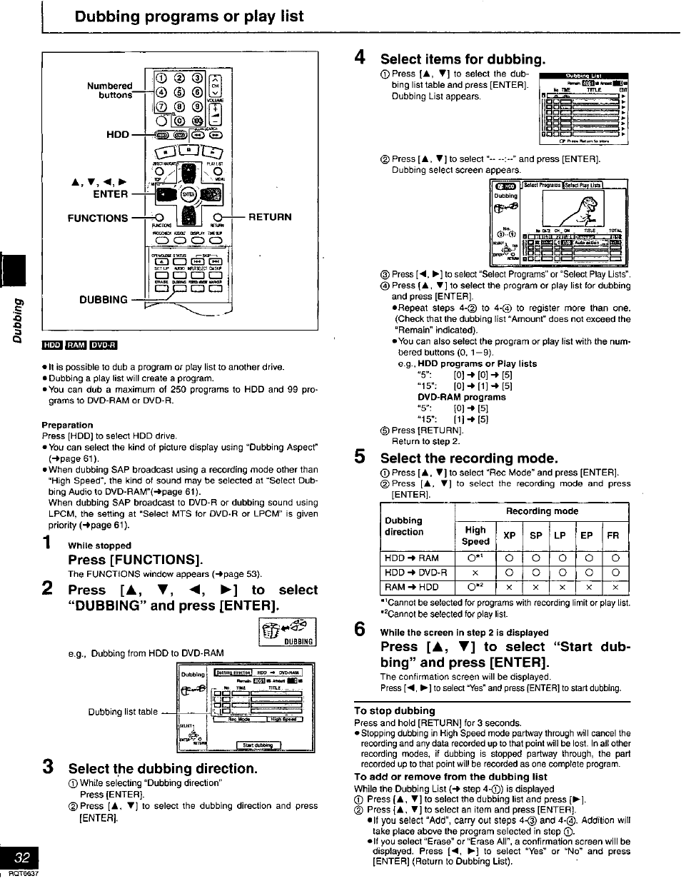 Dubbing, Press [functions, Select the dubbing direction | Select items for dubbing, Select the recording mode, Dubbing programs or play list, 0 (d, O o o o, Press | Panasonic DMR-T3040 User Manual | Page 32 / 72