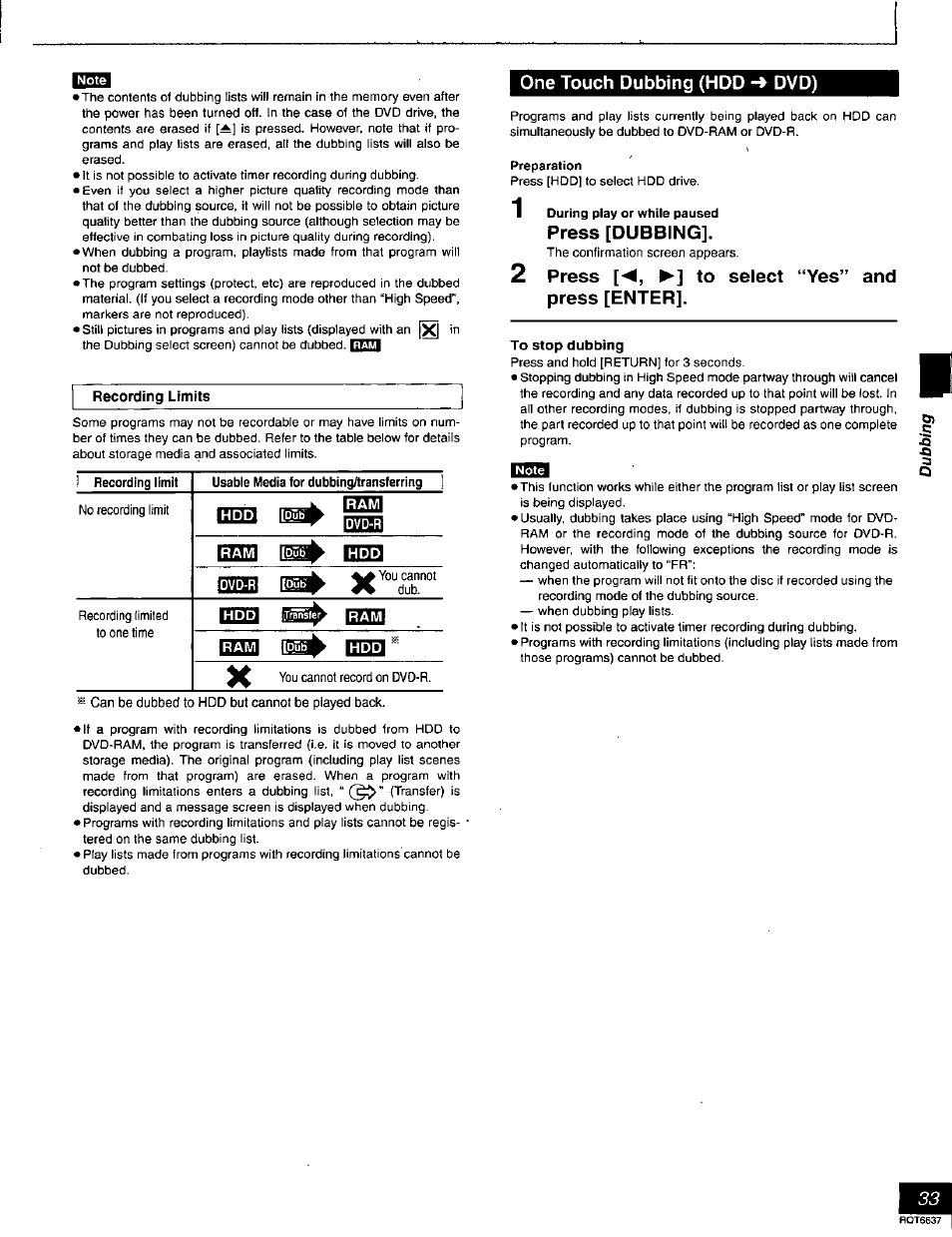 One touch dubbing (hdd dvd), Preparation, Press [dubbing | Press [◄, ►] to select “yes” and press [enter, To stop dubbing, One touch dubbing (hdd -♦ dvd), Ceia ^ g f=t^ nrsig, Ceo] m | Panasonic DMR-T3040 User Manual | Page 33 / 72