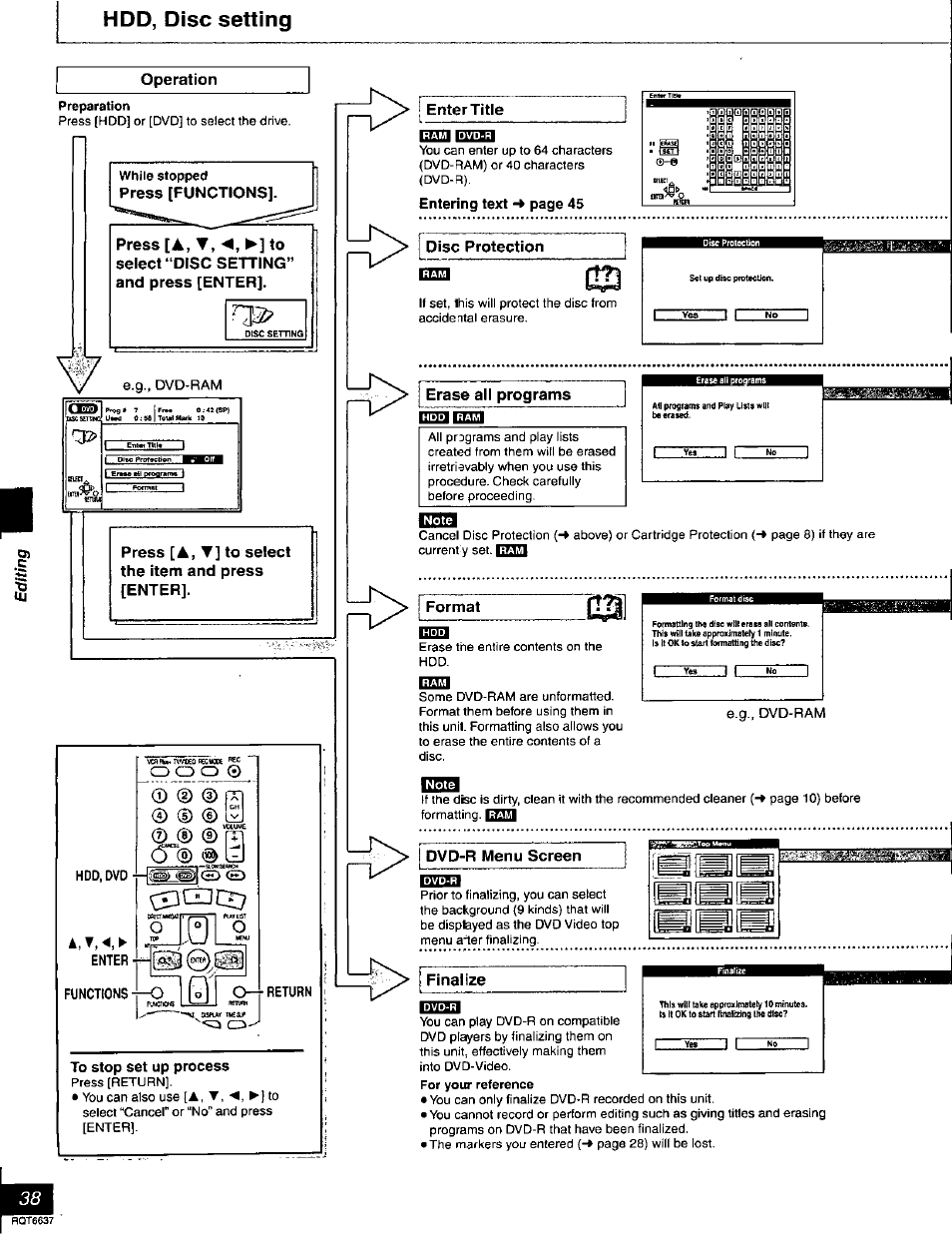 Hdd, disc setting, To stop set up process, 1233iìq5i | Гтяя, О о о 0, Ф ф (d (!) cd cd | Panasonic DMR-T3040 User Manual | Page 38 / 72