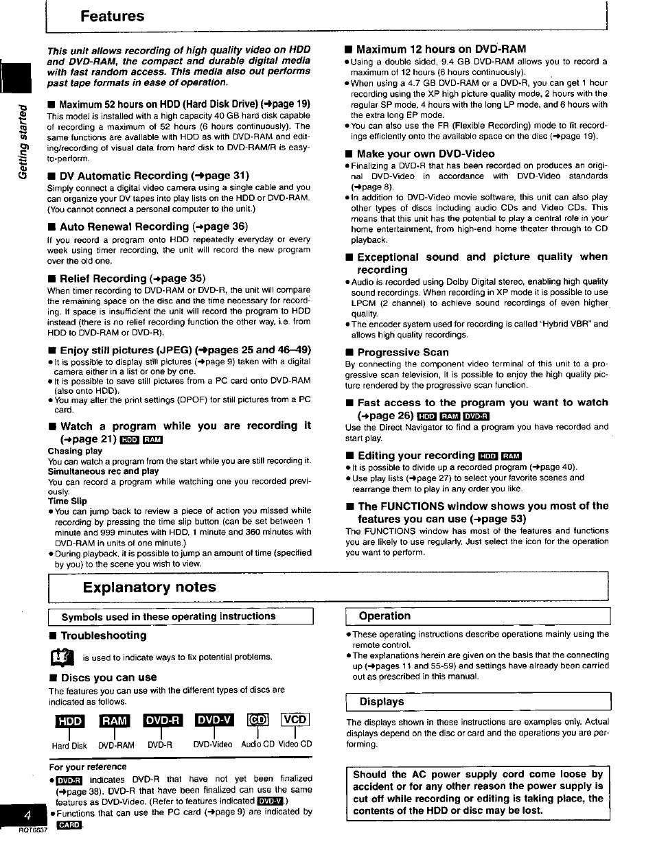 Features, Make your own dvd-video, Progressive scan | Editing your recording niitn, Explanatory notes, Symbols used in these operating instructions, Troubleshooting, Discs you can use, Displays, Hdd ■ ram ■ dvd-r ■ dvd-v | Panasonic DMR-T3040 User Manual | Page 4 / 72