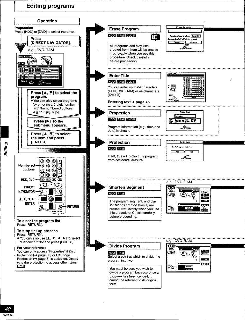 To clear the program list, To stop set up process, Erase program | Properties, Protection, Shorten segment, Divide program, Editing programs | Panasonic DMR-T3040 User Manual | Page 40 / 72