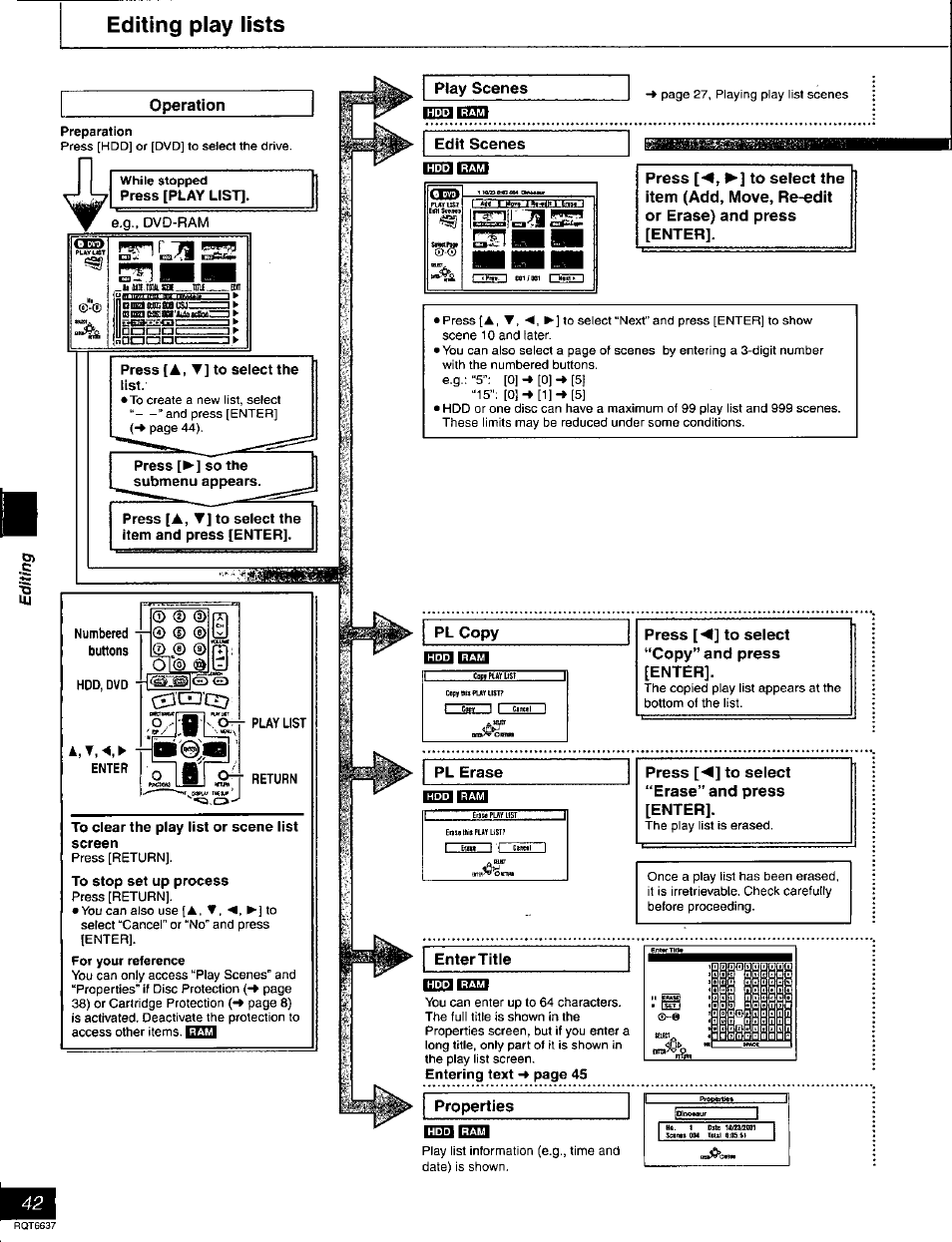 Editing play lists, Operation, Play scenes | Edit scenes, Pl copy, Press [■<] to select “copy” and press [enter, Pl erase, Press [^] to select “erase” and press [enter, Enter title, Properties | Panasonic DMR-T3040 User Manual | Page 42 / 72