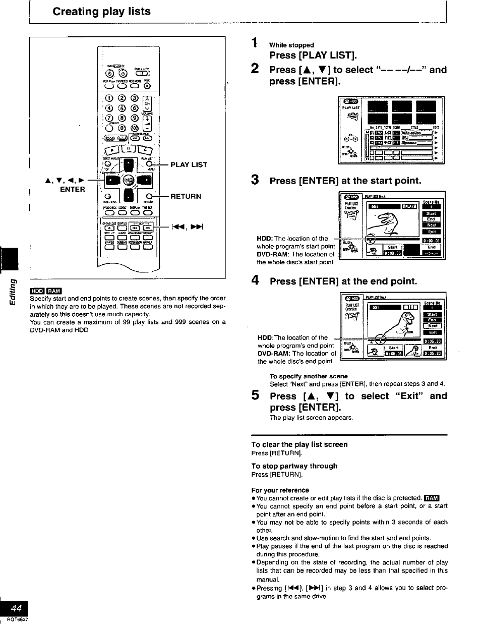 Creating play lists, Enter, Play list | Return, Irmirftti, Press [play list, 2 press [a, t] to select press [enter, Ndciiatzit, 3 press [enter] at the start point, 5 press [a, t] to select “exit” and press [enter | Panasonic DMR-T3040 User Manual | Page 44 / 72