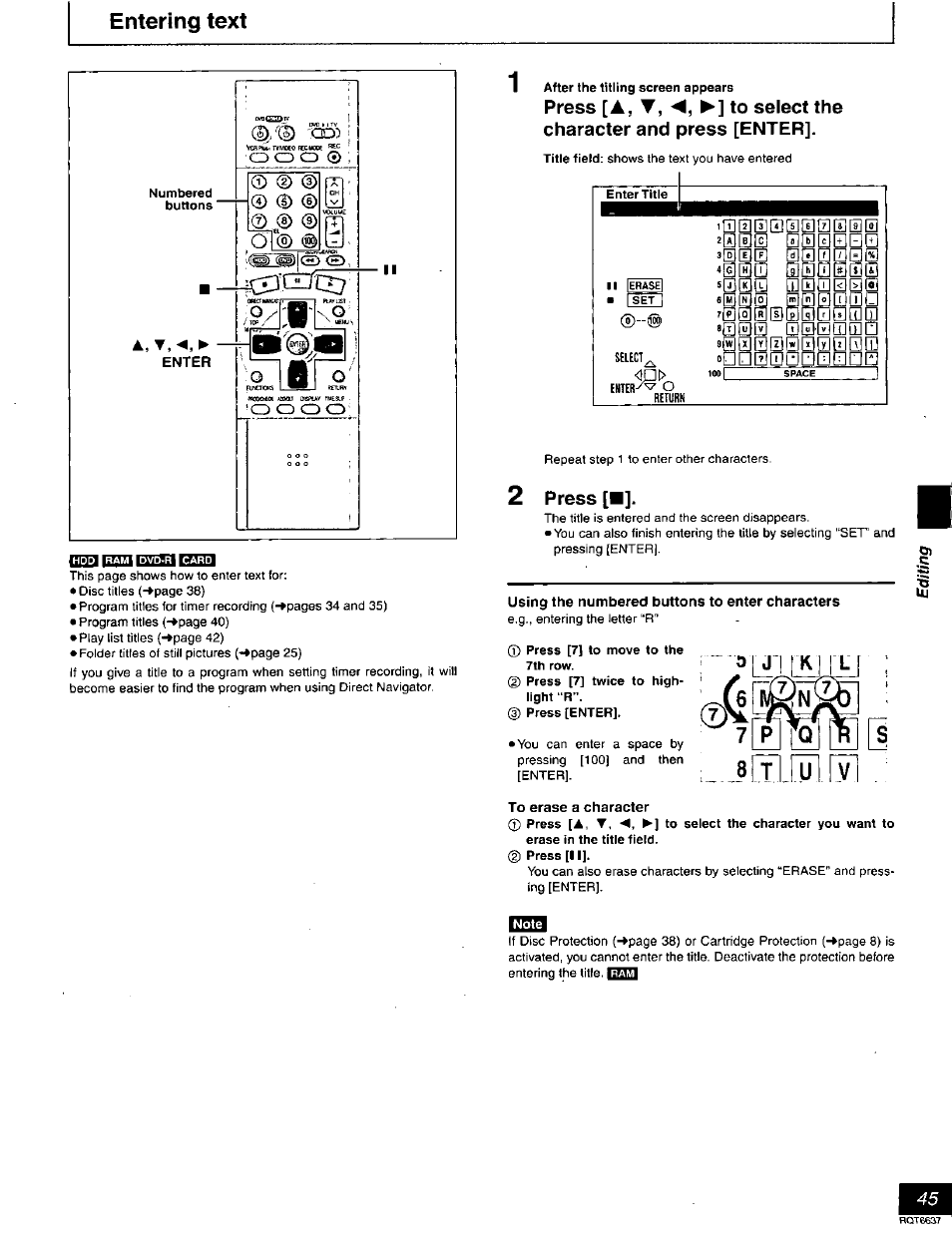 Entering text, Press, Using the numbered buttons to enter characters | To erase a character, A, t | Panasonic DMR-T3040 User Manual | Page 45 / 72