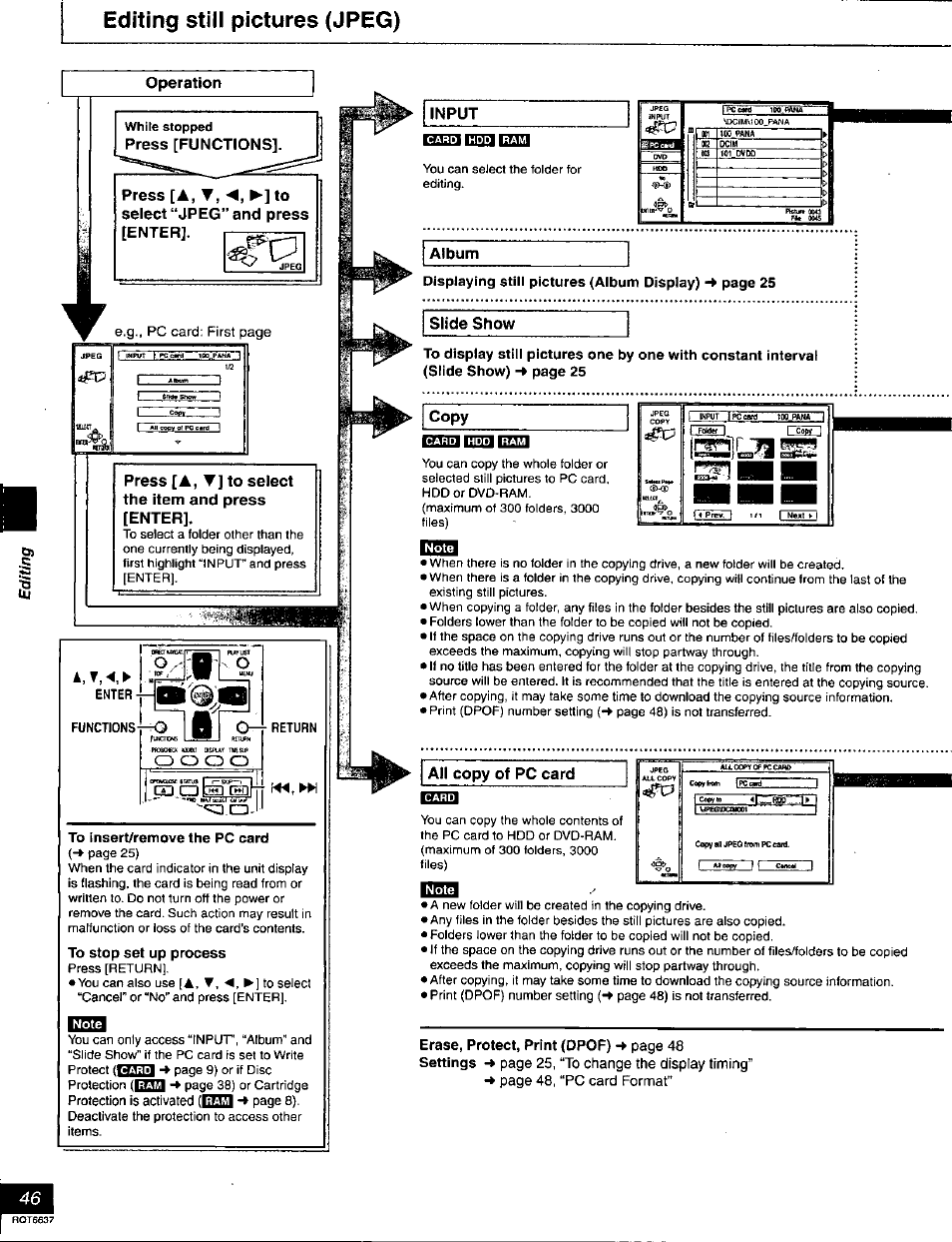 Editing stiii pictures (jpeg), Operation, Press [functions | Press [a, to, Select “jpeg” and press [enter, Press [a, ▼] to select the item and press [enter, Return, To insert/remove the pc card, To stop set up process, Input | Panasonic DMR-T3040 User Manual | Page 46 / 72