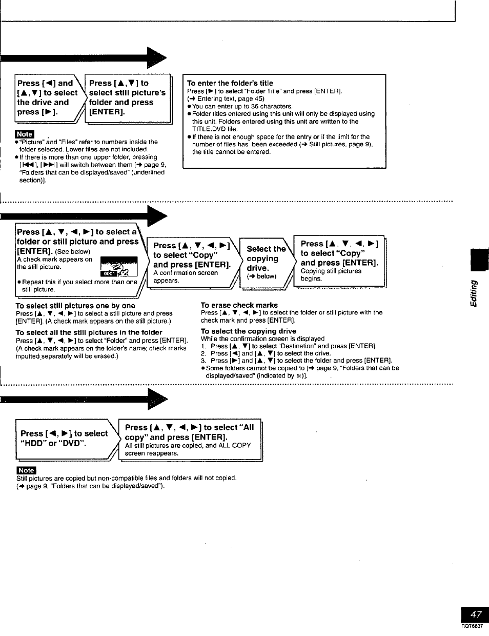 To select still pictures one by one, To select all the still pictures in the folder, To erase check marks | To select the copying drive | Panasonic DMR-T3040 User Manual | Page 47 / 72