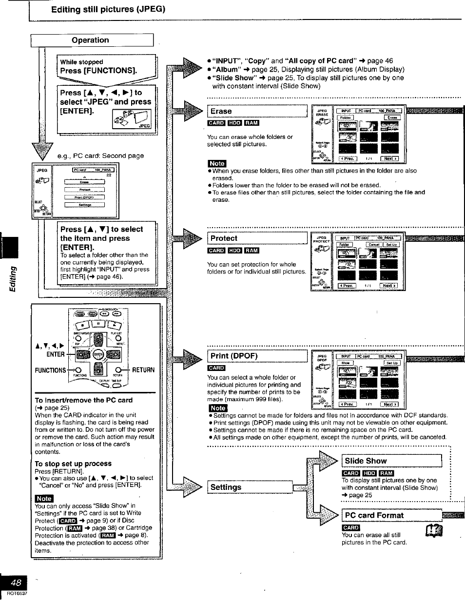 Operation, Press [functions, Press [a, to | Select “jpeg” and press [enter, Press [a, t] to select the item and press [enter, To insert/remove the pc card, To stop set up process, Erase, Protect, Print (dpof) | Panasonic DMR-T3040 User Manual | Page 48 / 72