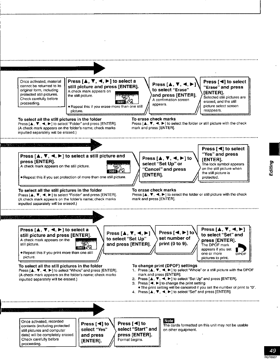 To select ail the still pictures in the folder, To erase check marks, To select all the still pictures in the folder | To change print (dpof) settings | Panasonic DMR-T3040 User Manual | Page 49 / 72