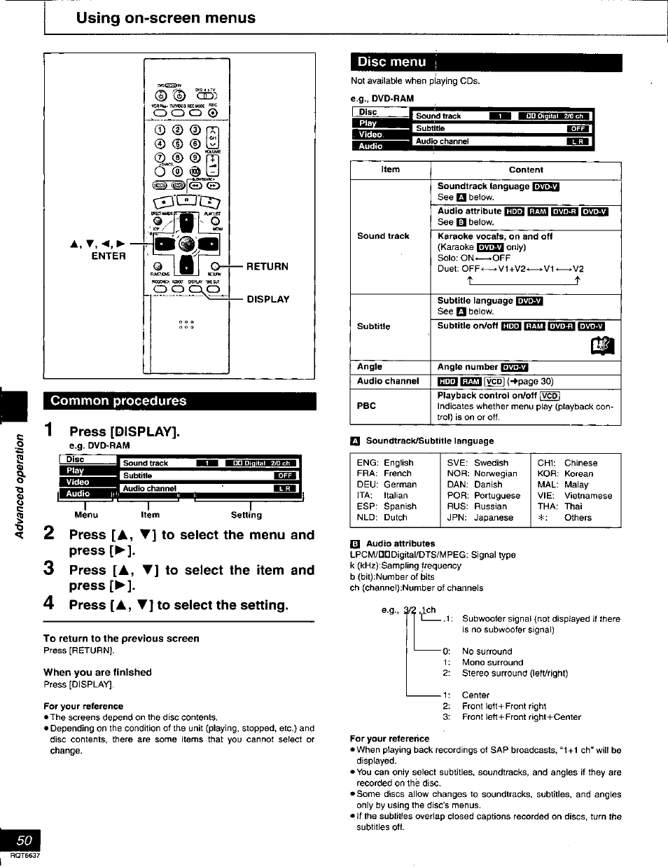 Using on-screen menus, Return, Display | Common procedures, 1 press [display, Press [a, ▼] to select the menu and press, Press [ a, t] to select the item and press, Press [a, ▼] to select the setting, To return to the previous screen, When you are finished | Panasonic DMR-T3040 User Manual | Page 50 / 72